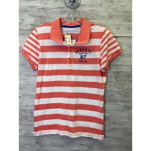 Aeropostale Womens Polo‎ Shirt L Coral White Striped Short Sleeve Cotton